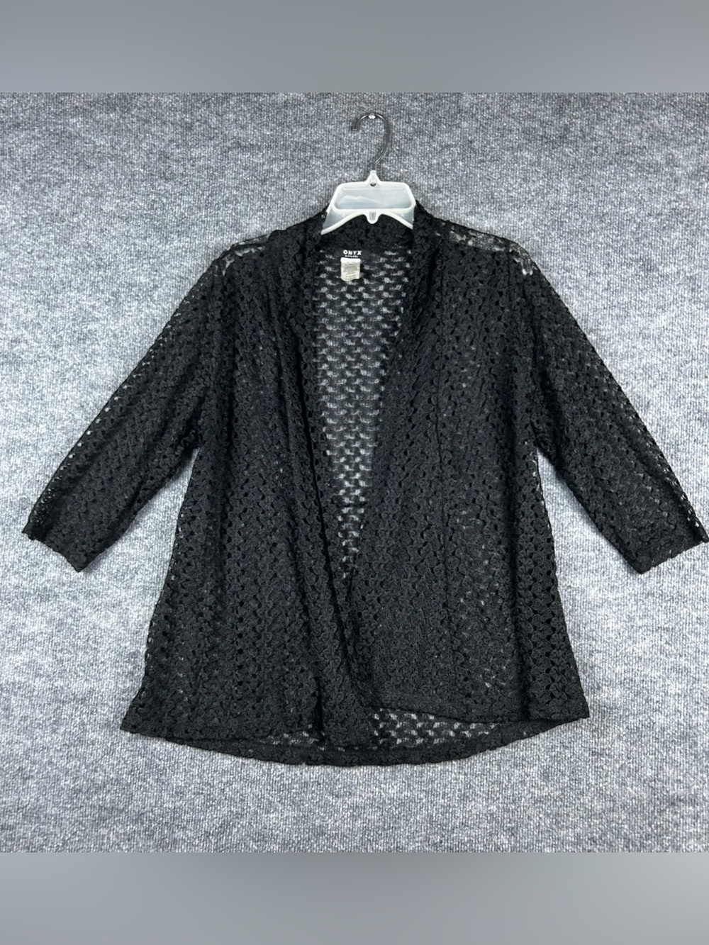 Onyx Apparel Black Open Front Crochet Lace Cardigan Size L Sheer Knit Shrug